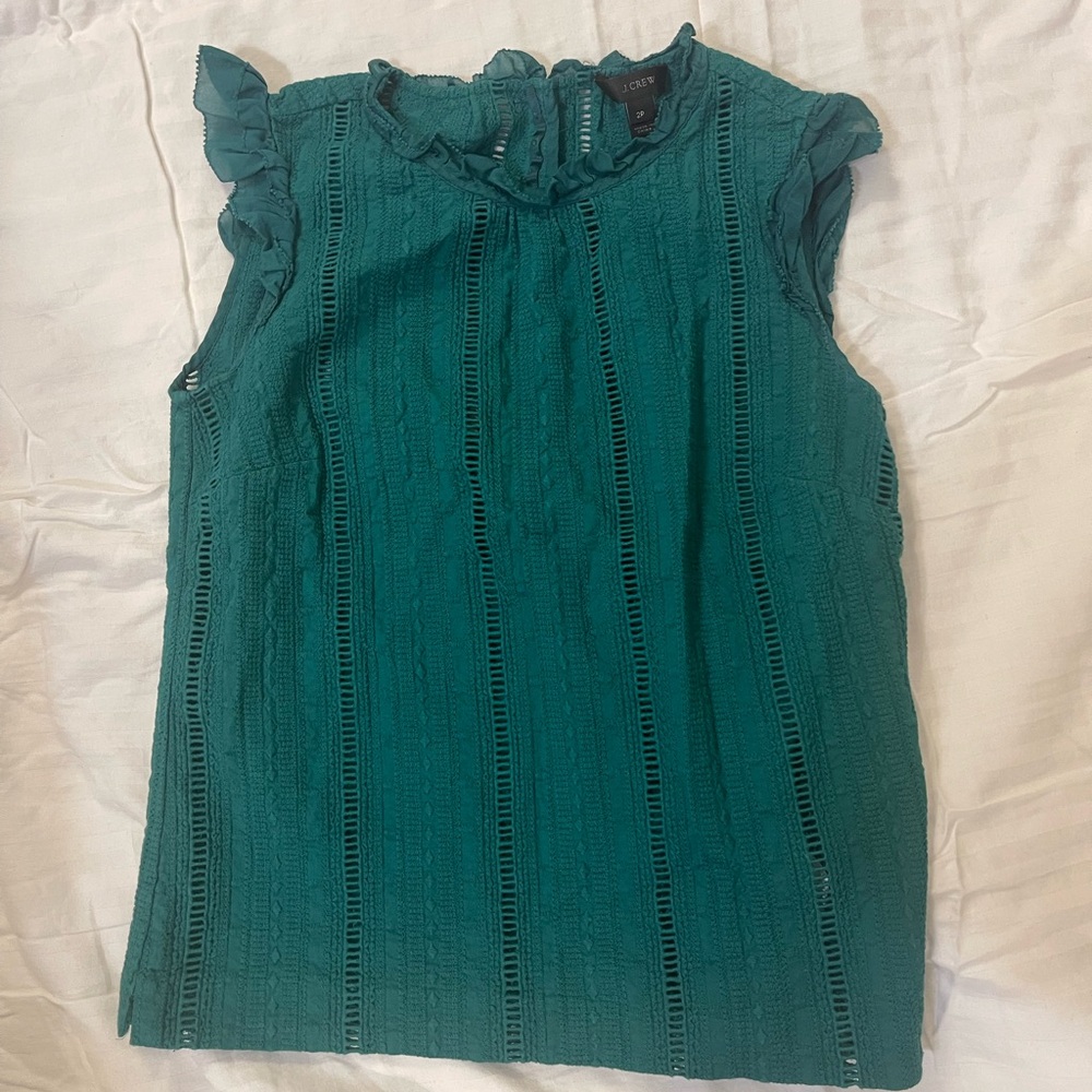 J. Crew Teal Green Ruffle Neck Sleeveless Eyelet Top